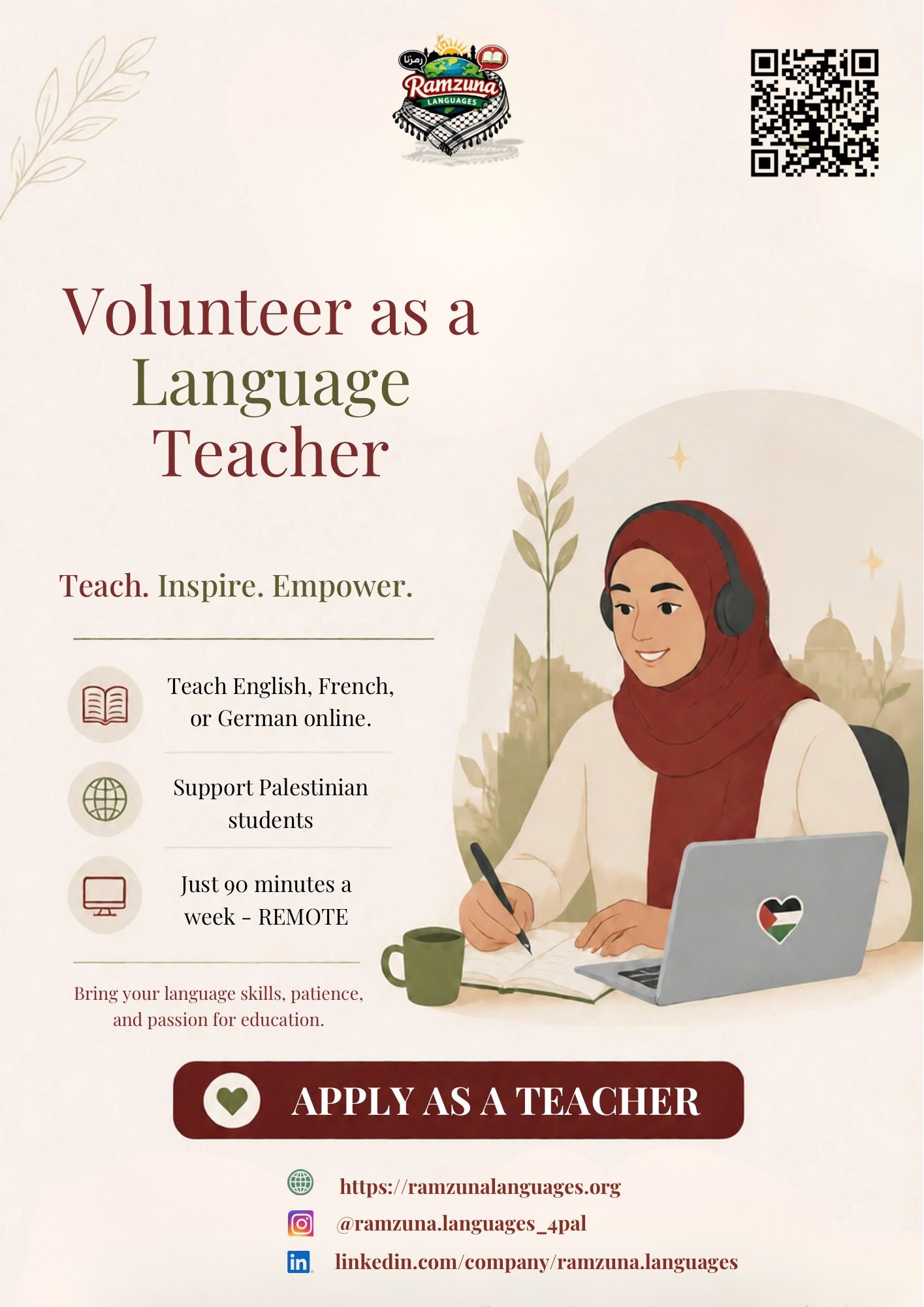 Volunteer as a Language Teacher — recruitment flyer