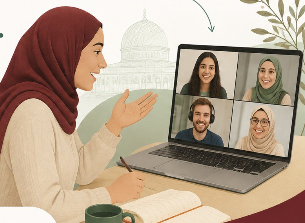 Illustration of a volunteer educator teaching a Palestinian student over video call