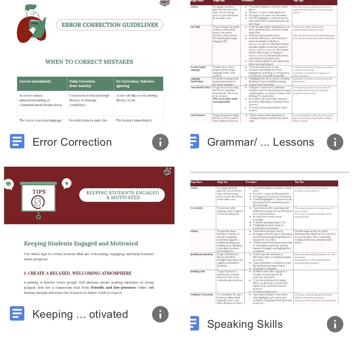 A preview of the shared lesson-planning resource library available to Ramzunā volunteer educators, including guides on error correction, grammar lessons, keeping students motivated, and listening, reading, and speaking skills